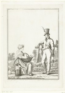 Staande soldaat met zittende koffieverkoopster