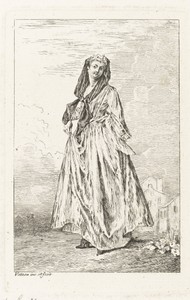 Staande vrouw gekleed volgens de mode van ca. 1710