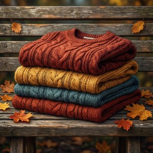 Stack of Knit Sweaters Flat Lay
