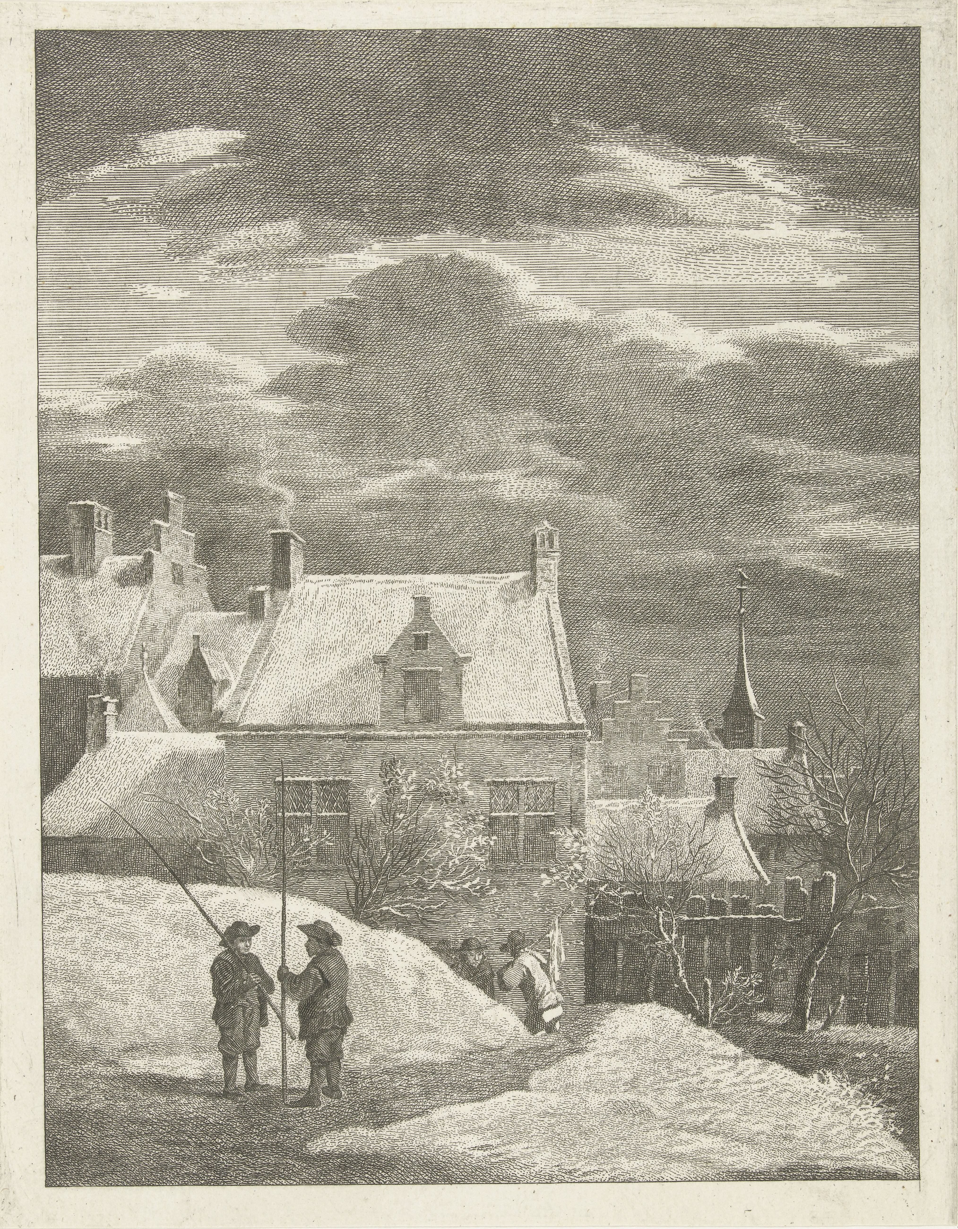 Stadsgezicht in de sneeuw by Abraham Delfos