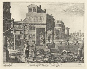 Stadsgezicht met de aanbidding door de herders