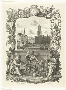 Stadsgezicht met Domkerk te Utrecht en allegorie met drie geleerden