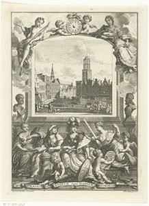 Stadsgezicht met Domkerk te Utrecht en allegorie met Minerva en deugden