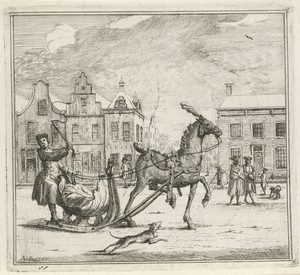 Stadsgezicht met door paard getrokken slee