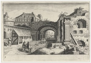 Stadsgezicht met een ruïne