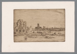 Stadsgezicht met een ruïne en twee figuren op de voorgrond