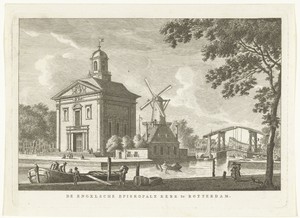 Stadsgezicht met Engelse kerk te Rotterdam