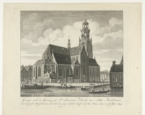 Stadsgezicht met Grote of Laurenskerk te Rotterdam