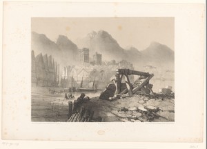 Stadsgezicht met haven en bergen