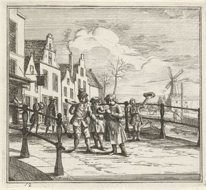 Stadsgezicht met hoornblazers op brug