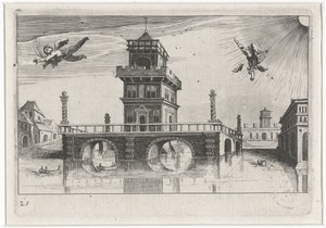 Stadsgezicht met Icarus en Daedalus