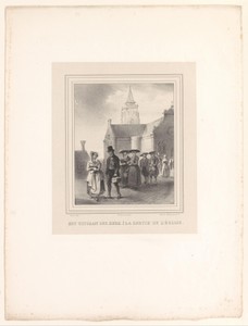 Stadsgezicht met kerkgangers voor een kerk