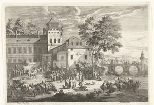 Stadsgezicht met markt voor stadspoort