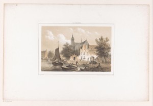 Stadsgezicht met rivier en kerk