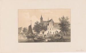 Stadsgezicht met rivier en kerk