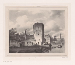Stadsgezicht met ruïne van een toren