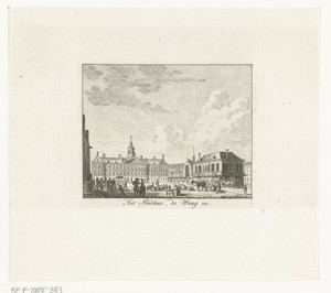 Stadsgezicht met stadhuis en de Waag te Amsterdam