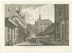 Stadsgezicht met vismarkt en Grote Kerk of Sint Jacobskerk in Den Haag