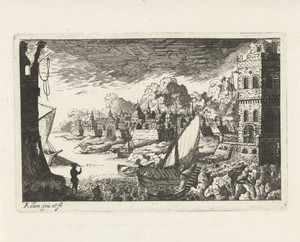 Stadsgezicht met vissershaven en aanmerend bootje