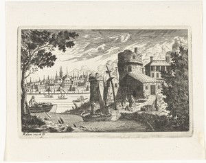 Stadsgezicht met vissershaven en deel van de stadsmuur