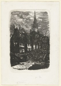 Stadsgezicht met vissershaven en kerktoren
