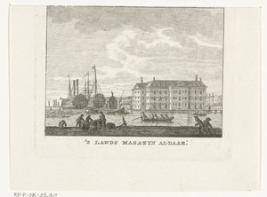 Stadsgezicht met zeemagazijn en haven met schepen te Amsterdam