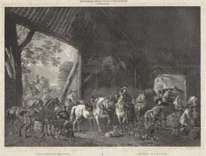 Stalinterieur met aankomst van een jachtgezelschap