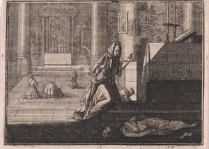 Standbeeld van de H. Catherina valt op de grond terwijl een meisje het aanbidt