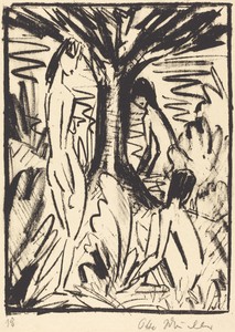 Standing, Sitting, and Bathing Girls near a Tree (Stehende, sitzendes und badendes Madchen am Baum)