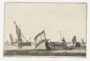 Statensloep en zeilschepen op kalm water