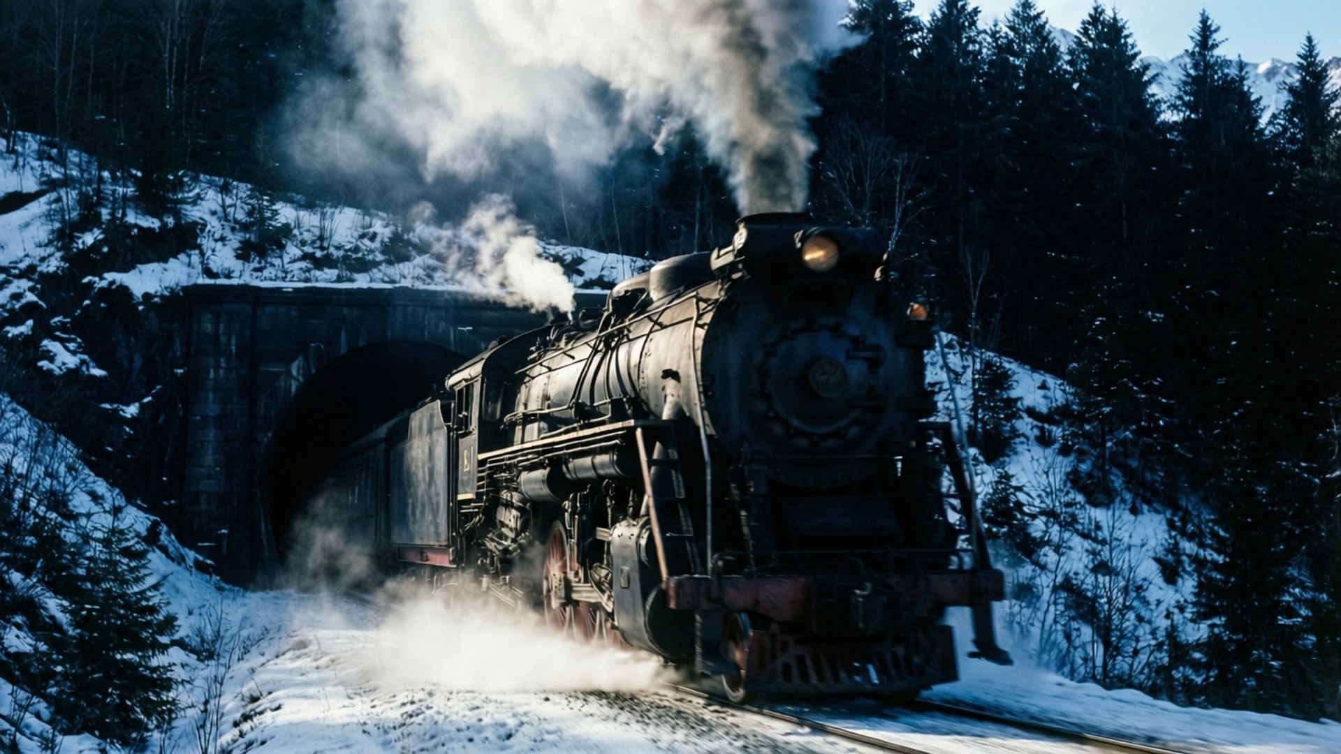 Steam Locomotive in Snow by Wallpapers.art Studio