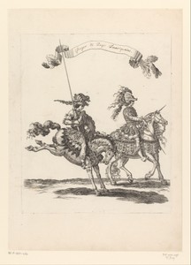 Steekspeler en bediende verkleed als wildeman op een paard en een paard verkleed als eenhoorn