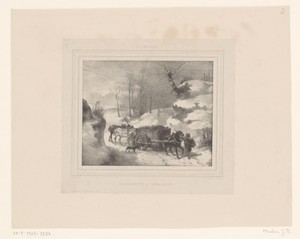 Steenkoolwagen met paarden in een winterlandschap