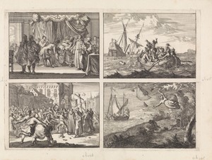 Sterfbed van koning Karel II van Engeland, 1685 / Schipbreuk van de hertog van York onderweg naar Edinburg, 1683 / Te Danzig wordt een processie met steenworpen door het volk begroet, 1678 / Hevige wind aan de kust van Malmö, 1679