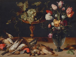 Still Life with Flowers, Grapes, and Small Game Birds