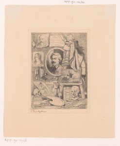 Stilleven met schildersmaterialen en portretten