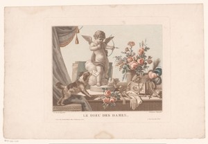 Stilleven op een tafel met een hond en een standbeeld van Cupido