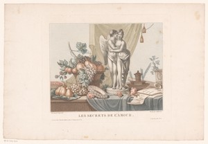 Stilleven op een tafel met een standbeeld van Cupido en een jonge vrouw, mogelijk Venus