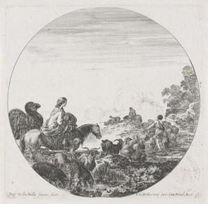 Stoet van herders met dieren in landschap