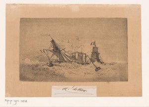 Stoomschip en zeilschepen op onrustige zee