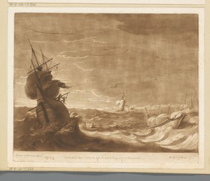 Storm op zee met figuren die van een schip vluchten
