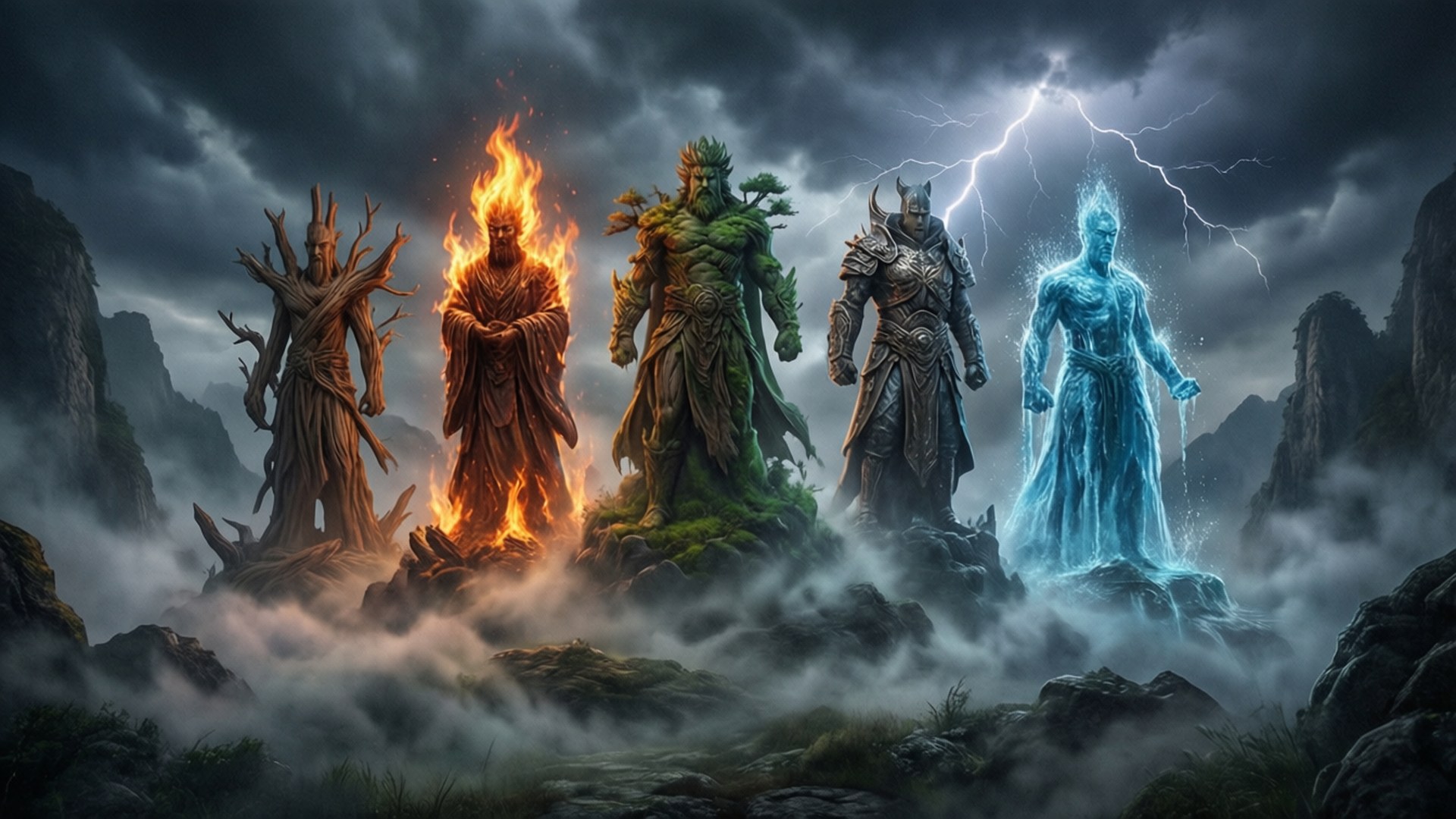 Storm Over Elemental Statues by Wallpapers.art Studio