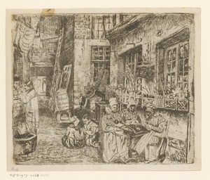 Straat met kantwerksters aan het werk