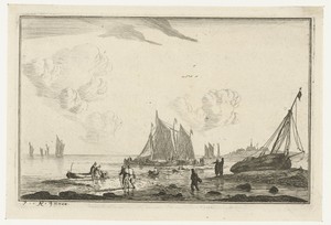 Strand met een op het zand getrokken zeilschip