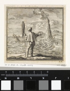 Strandgezicht met een man die op een rokende vuurtoren wijst
