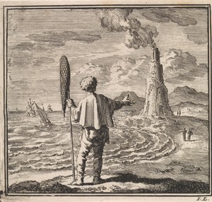 Strandgezicht met een man die op een rokende vuurtoren wijst
