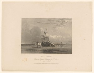 Strandgezicht met zeilschip en paardenwagen