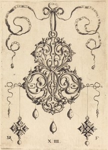 Strapwork Pendant with Three Drops and Two Cross-Shaped Pendants as Earrings at Left and Right