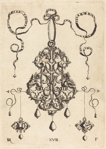 Strapwork Pendant with Two Square Tablestonesas Earrings at Left and Right
