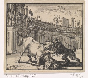 Strijd tussen een stier en een leeuw in een amfitheater te Jeruzalem